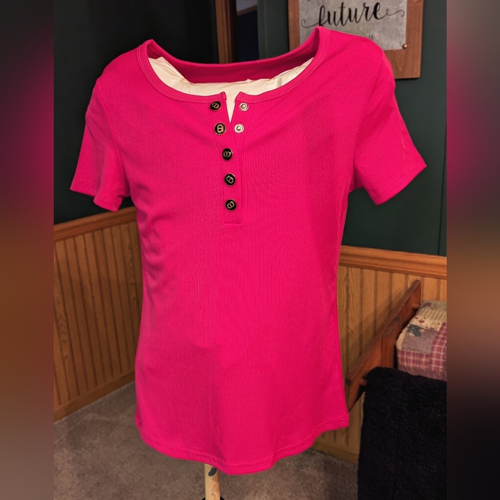 SHEIN Women's Bright Pink Short Sleeve Snap-Up Shirt Size Medium